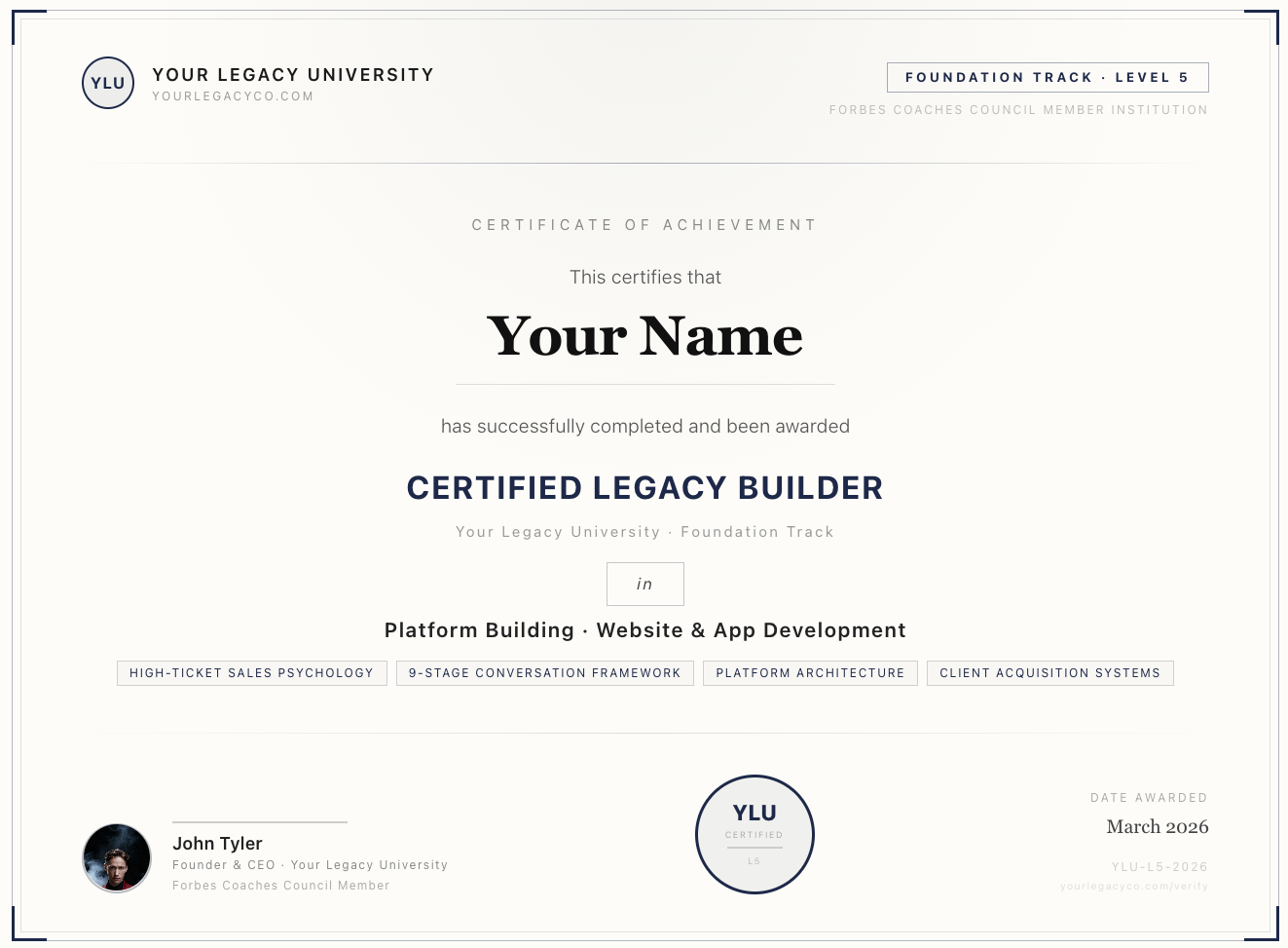YLU Level 5 Certificate — Certified Legacy Builder