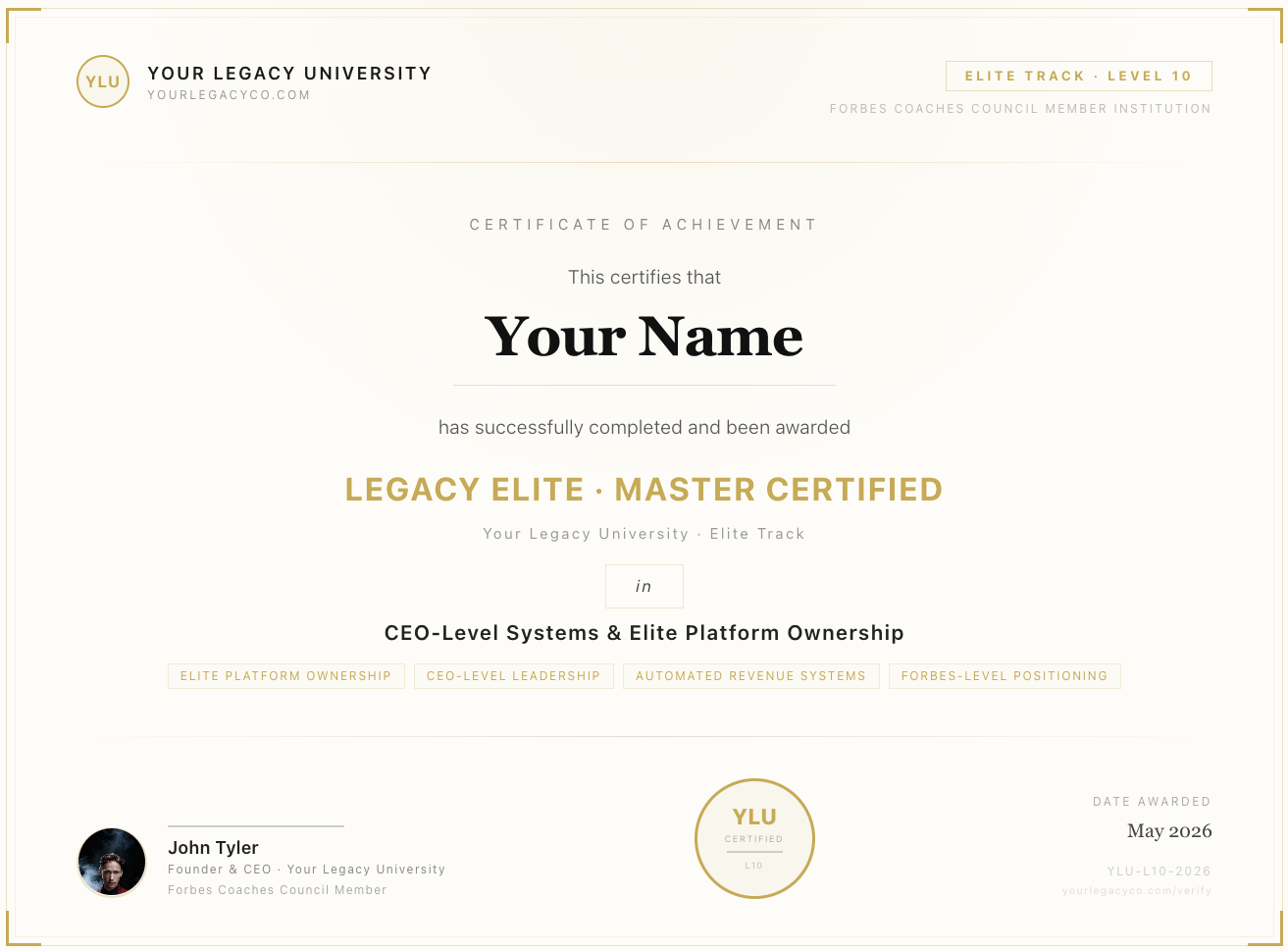 YLU Level 10 Certificate — Legacy Elite Master Certified
